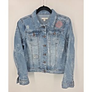 Women's Light Wash Floral Denim Jacket Size M Distressed Button Jacket Boho